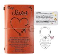 Sister Gifts from Sister Leather Journal to My Sister Birthday Present- Handmade Antique Pink Notebook Diary - Engraved Wallet Insert Card - Inspirational Keyring - for Graduation Christmas Wedding