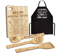Sister Gifts, Mothers Day Sisters Gifts from Sister, Sisters Birthday Gift Wooden Cutting Board with Cooking Utensils Set with Apron Set, Great Kitchen Gift for Galentines Day Christmas
