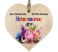 Sister Gifts - Roarsome Sistersaurus Wooden Heart Plaque - Happy Birthday Gifts for Sister from Brother Sister, Dinosaur Birthday Presents, Light Wood Sign Keepsake