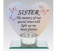 Sister Glass Heart Memorial Plaque Tealight Candle Holder Floral