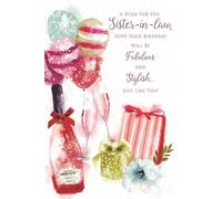 Sister-in-Law Birthday Card - Champagne Balloons with Glitter and Foil 9x6"