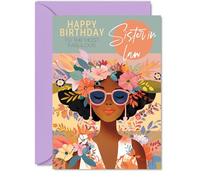 Sister in Law Birthday Card - Fabulous Floral Afro Queen Design - Tropical Flowers - Stylish Colourful Greeting for Sister in Law - 5x7 Inches with Envelope - Modern Card for Her
