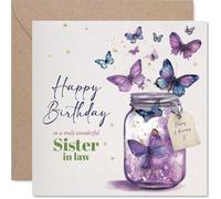 Sister in Law Birthday Card - Jar of Butterflies - Happy Birthday Card for Sister in Law from Brother Sibling, 145mm Beautiful Natural Bday Greeting Cards