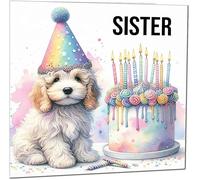 Sister Kids Birthday Card - Cute dog watercolour rainbow Birthday Cards for Sister Sis