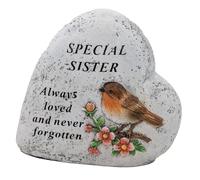 Sister Memorial Heart Ornament with Robin and Floral Stone Effect Plaque