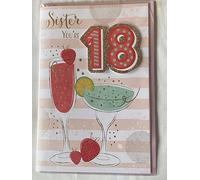 Sister You're 18 18th Eighteen Age 18 Birthday Card White/Pink/Green/Gold Cocktail Glasses/Stripes/Words 3D/Glitter Foil Detail(PRELUDE45617)