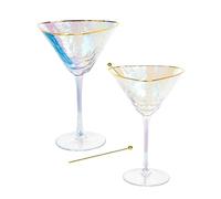 Sisterly Drinkware Iridescent Hammered Martini Glasses Set of 2 - Handmade Gold Rim Cocktail Glasses with 2 Gold-Plated Picks & 2 Coasters - 8 oz Elegant Barware for Martinis, Cocktails & Mocktails