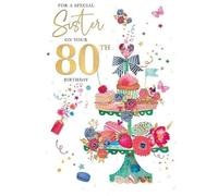 Sister's 80th Birthday Card, Floral Cupcake Stand Design, Gold Foil Finish