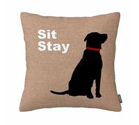 Sit Stay Words Dog Puppy Pillow Cover 18 X 18 Inches Square Cotton Linen Cushion Case for Sofa Double Side