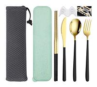 SITAKE 4 Pcs Portable Stainless Steel Flatware Set, Travel Reusable Lunch Utensils with Storage Case and Bag, Knife Fork Spoon Chopsticks Set for Office, School, Travel, Camping, Picnic (Black-Gold)