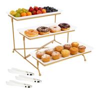 SITAKEGS 3 Tier Serving Trays for Party, 30x17cm Plastic Platters Set 3 Tiered Fruit Bowl Cake Stand with Food Clips, White Reusable Trays with Glod Metal Display Stand for Buffets, Snack, Cookies