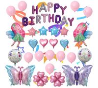 SITAKEGS Fairy Party Balloon Set, 27Pieces Fairy Colorful Gradient Butterfly Foil Mylar Balloons, Round Pink Love Stars Party Decorations Balloon Supplies for Girls Birthday Baby Shower