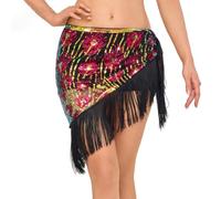 SITAKEGS Sequin Skirt, Girls/Women's Sparkly Skirts Belly Dancer Outfit Wave Shape Belly Dance Hip Scarf, Black Red Chiffon Tassel Skirt Waist Costume Belt for Festival Club Summer Beach Dance (RED)