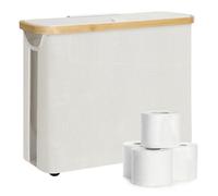 SITAKEGS Toilet Paper Basket, Bamboo Toilet Roll Storage Bathroom Toilet Roll Standing holder with Lid, Large Toilet Paper Basket Cabinet for up to 12 Mega Rolls White Oxford Toilet Paper Organizer