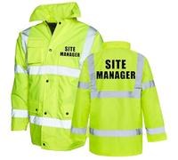 Site Manager Hi Vis Road Safety Jacket-Yellow - L - Loose Fit & Pleated High Visibility Jackets - Multiple Pockets - Worker's Safety Jacket - Waterproof Seams - Industrial Use Hi-Viz Jacket With Print