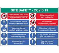 Site Safety COVID19 - report to office, wash hands, disinfect surfaces, minimise face to face contact, 1metre policy, wear PPE Large Semi Rigid PVC sign (900x600mm)