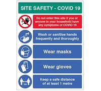 Site Safety COVID19 - wash hands, wear masks, wear gloves, 1 metre policy Semi Rigid PVC sign (450x600mm)