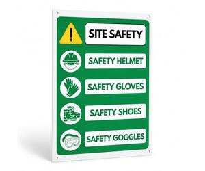 Site Safety Helmet Gloves Shoes Goggles Sign No. 708, A4 - Holes | Indoor Outdoor Use Fade Resistant Rust Free Easy Clean Lightweight Flexible Multiple Sizes Pre-Drilled Holes