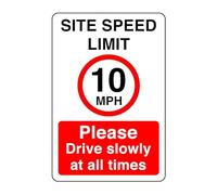 Site speed limit 10mph please drive slowly- High tack self-adhesive sticker (400mm x 300mm) Ensures safety within 4m viewing distance, promoting road safety.