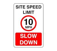 Site speed limit 10mph slow down- High tack self-adhesive sticker (150mm x 100mm) Ensures safety within 4m viewing distance, promoting road safety.