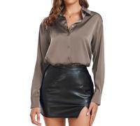 SITELUOYG Womens Long Sleeve Satin Silk Button Down Shirts Casual Work Business Smooth Blouse, Brown, S