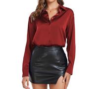 SITELUOYG Womens Long Sleeve Satin Silk Button Down Shirts Casual Work Business Smooth Blouse, Wine Red, M
