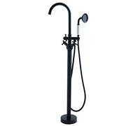 SITGES Solid Brass Freestanding Bathtub Faucet, Bathroom Floor Mount Tub Filler, Dual Function Double Cross Handles with Ceramic Hand shower, Matte Black