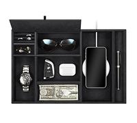 SITHON Valet Tray Desktop Organizer - 8 Compartments Catchall EDC Tray PU Leather Bedside Vanity Tray Nightstand Caddy Coin Box Key Jewelry Storage Organizer, (Black)