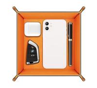 SITHON Valet Tray, Premium PU Leather Desktop Storage Organizer for Remote, Keys, Phone, Wallet, Jewelry, and More - Nightstand & Vanity Caddy (Black/Orange)