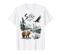 Sitka Alaska Nature Scene Bear Eagle & Fishing Boat Value Graphic T-Shirt, Men, White, M