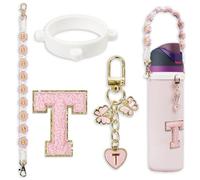 SITKOL Cute Letter Charm Set for Owala 24 oz, 32 oz, 40 oz Water Bottles & Coffee Tumblers - Includes Handle Strap, Compatible with Owala Free Sip and Stanley Cup Accessories (Pink, T)