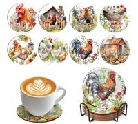 Sitsink Chicken Diamond Art Coasters - 8 Pc Chicken Farm House DIY Non-Slip Wooden Coasters