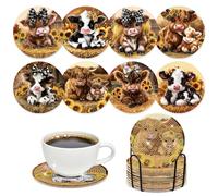 Sitsink Cow Diamond Art Coasters - 8 Pcs DIY Cute Cow Sunflower Diamond Painting Coasters Kits Cartoon Highland Cow Animal Art Craft Kit for Adults Beginners Gifts Crafts Supplies