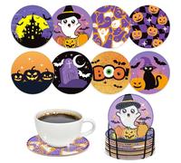 Sitsink Halloween Diamond Art Coasters - 8 Pcs DIY Pumpkin Ghost Boo Black Cat Diamond Painting Halloween Coasters Kit for Adults Beginners Gifts Crafts Supplies