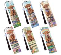 Sitsink Highland Cow Diamond Bookmarks - 6 Pcs Hyland Cow Western Diamond Painting Bookmarks with Tassels, Animal Book Lover Gift DIY Craft Kit
