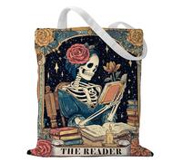 Sitsink The Reader Skeleton Tote Bag - A Literary Gift for Book Lovers Book Club Members, Poets, Horror Fiction Fans, Teachers, Writers, Literary Festival Attendees Birthday Christmas