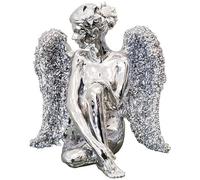 Sitting Angel with Wide Wings - Crushed Diamond Silver Chrome Ornament | Decorative Sparkle Crystal Figurine - 25x10x10cm