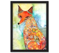 Sitting Fox Folk Art Watercolour Painting Artwork Framed Wall Art Print A4 Artery8 Black One Size