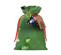 Sitting green three leaf insect Printed Christmas Drawstring Bags,S Reusable Xmas Gift Storage Bags, Red Ribbon