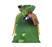 Sitting green three leaf insect Printed Christmas Drawstring Bags,S Reusable Xmas Gift Storage Bags, Yellow Ribbon