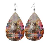 Sitting grey cat double-sided printed leather earrings int and shape of water drops, creative, light and novel, bright and vivid colors.