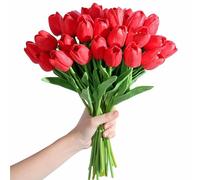 SITUMEIZI 15pcs Red Fake Tulips Artificial Flowers Real Touch Red 14" Silk Flower for Home Kitchen Decor Wedding Bouquet Decorations Office Floral Arrangements