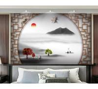 siuayosdj 3D WallpaperThree-Dimensional Wood Grain Grille Hand-Painted Artistic Conception Ink Landscape Crane Background Wall Bedroom Living Room Study Room Mural,3D,200x140cm