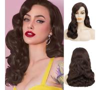 Siudus Brown Long Curly Vintage Wigs for Women 1920s Finger Wave Wig 50s Wave Cosplay Side Part Synthetic Fibre Hair Wig for Hollywood Party Costume Halloween Use