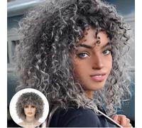Siudus Grey Short Curly Wig for Black Women 70s 80s Afro Synthetic Kinky Curly Wig with Dark Roots for Daily Party Use