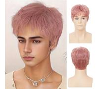 Siudus Pink Short Straight Wigs for Men Shaggy Layered Natural Synthetic Fiber Hair Wig Cosplay Halloween Daily Wig
