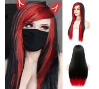 Siudus Red and Black Long Wigs for Women Goth Straight Side Part Hair Wig Heat Resistant Fiber for Cosplay Costume Halloween Use
