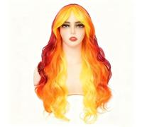 Siudus Yellow Orange to Red Curly Wigs for Women Long Wavy Colorful Middle Part Hair Wigs with Bangs Synthetic Heat Resistant Fiber Wig for Cosplay Costume Halloween Use