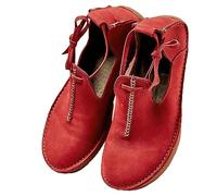 SIULAS Medieval PU Leather Flat Bottom Shoes -Renaissance Witch Boots with Low Heel - Steampunk Retro Casual Leather Ankle Boots - Women's Round Head Leather Shoes,Red,36
