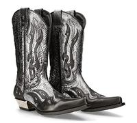 SIULAS PU Leather Boots Vintage Western Cowboy Boots Embroidery Biker Boots Slip On Casual Shoes Pointed Toe Boots, Silver, 11 UK